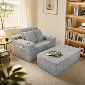 CloudRest light gray compressed sofa bed with matching ottoman