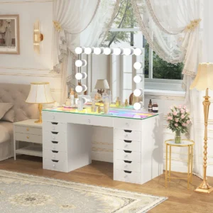 Eva-RGB white vanity desk with 15-bulb lighted mirror