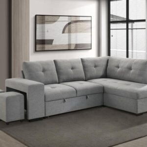 Roanne grey sleeper sectional sofa with storage chaise and stools